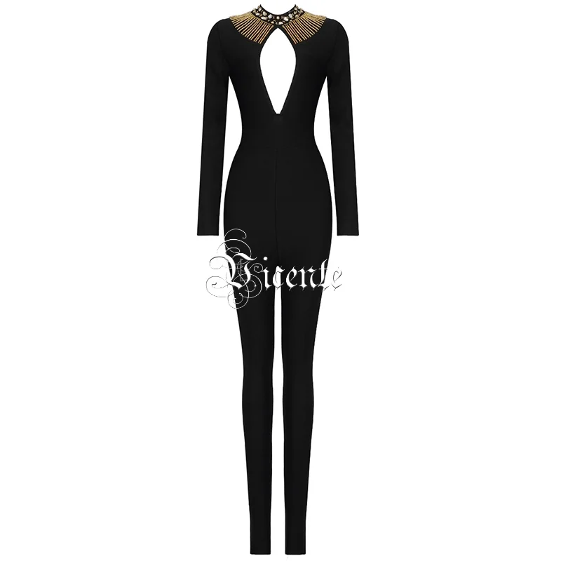 VC All Free Shipping HOT New Luxe Diamond Embellished Tassels Sexy Key Hole Celebrity Party Club Wear Bandage Jumpsuit - Цвет: Черный