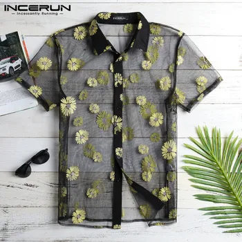 

INCERUN 2020 Fashion Mesh Men Shirt Printing Short Sleeve See Through Breathable Sexy Blouse Party Club Slim Fit Lace Shirt Men