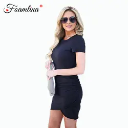 Foamlina 2018 Повседневное женское платье одноцветное с круглым вырезом короткий рукав Draped Bodycon Платье-футляр летняя футболка платье Vestidos