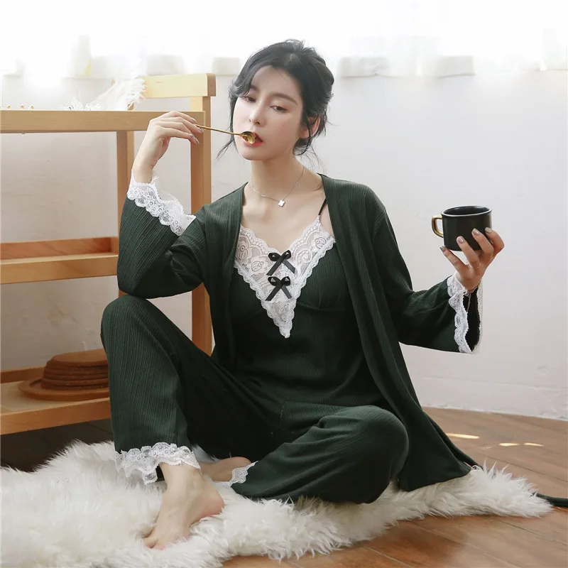 

Freshing Summer Autumn New 3Pcs Pajama Set Woman Cotton Long Sleeve Korean Pajamas
