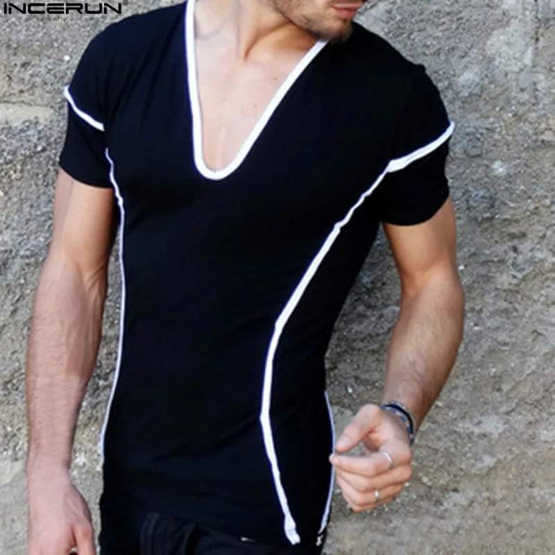 

Summer Sexy Deep V Neck Men's T Shirts Short Sleeve Muscle Tee Joggers Plus Size S-5XL Bodybuilding Tee Tops INCERUN HipHop