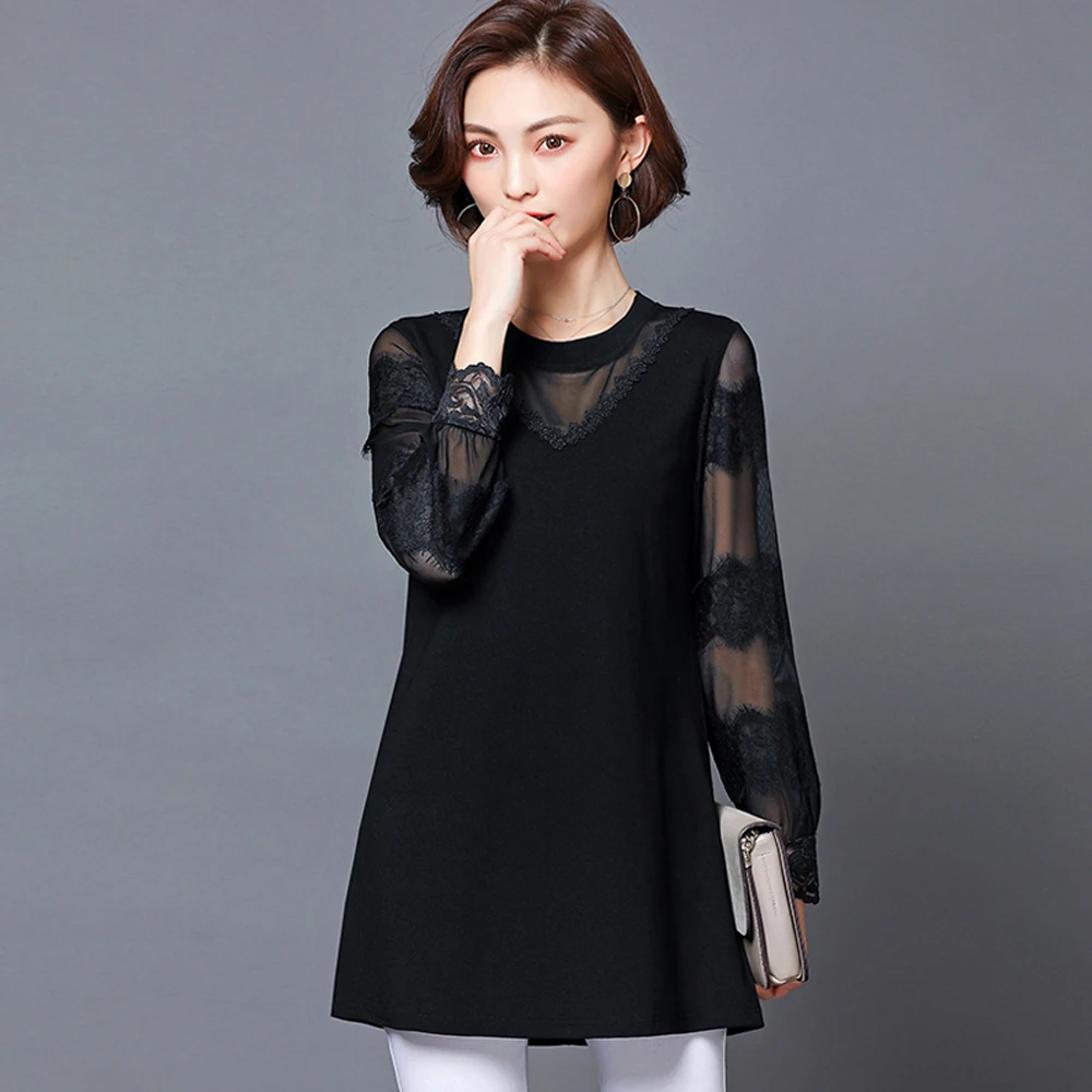 

Spring and summer new style large size L-5XL women's clothing Temperament lace mesh gauze stitching top