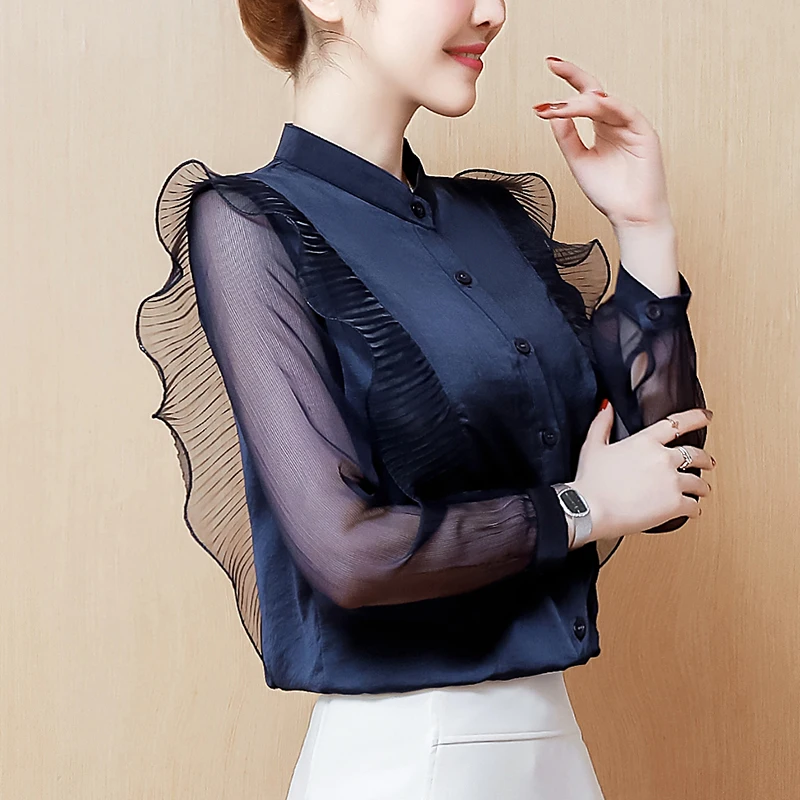 

Spring 2019 New blouses shirt Lantern Sleeve white Chiffon ruffle Shirt Top Fashion women tops stand Women's Long Sleeve 160J3