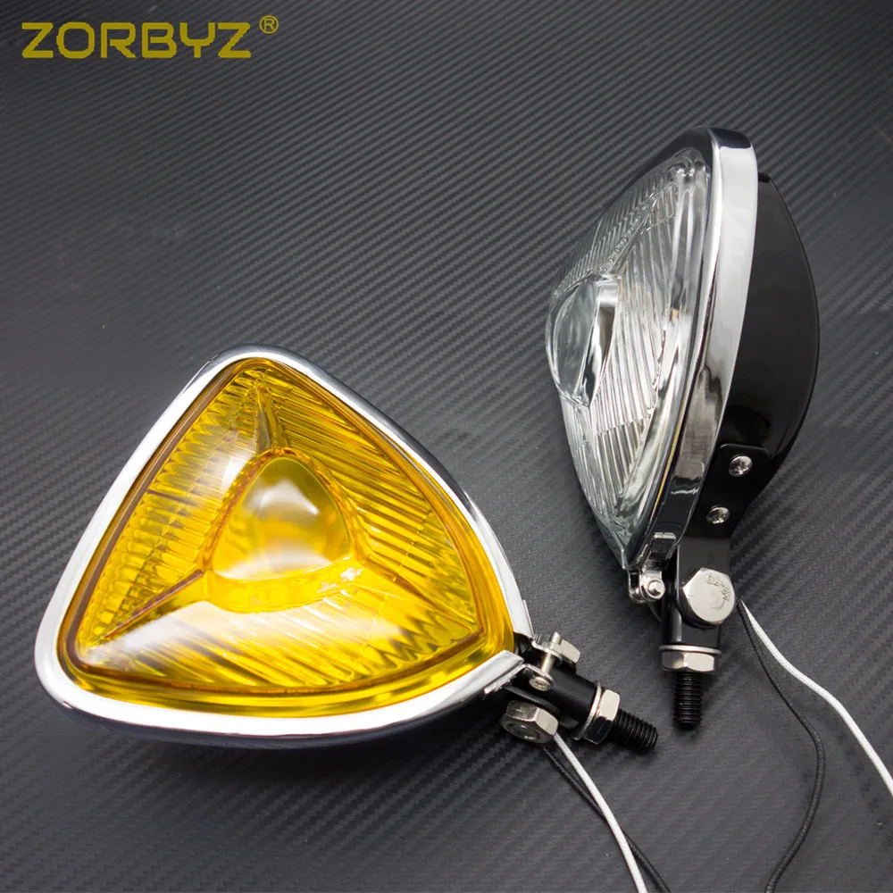 ZORBYZ Motorcycle Chrome Triangle Headlight Lamp Black Flat Back For