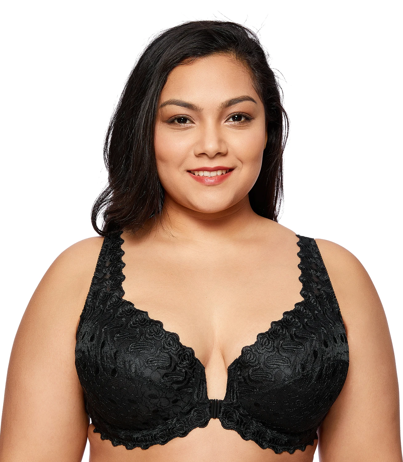 

Women's Plus Size Support Lace Front Close Unlined Embroidered Underwired Bra