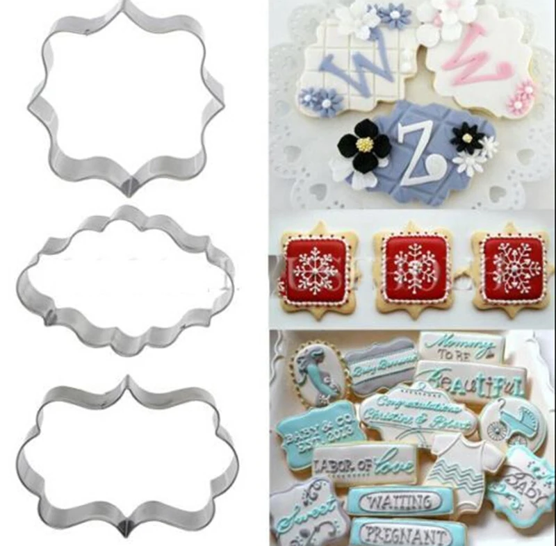 

FoodyMine 3Pcs Plaque Cutter Cookies Frame Cake Oval Square Rectangle Fancy Stainless Cookie Mold