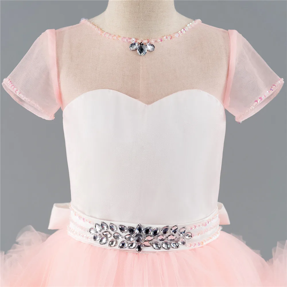 Коллекция года, Розовые Платья с цветочным узором для девочек на свадьбу, бальное платье из тюля с коротким рукавом, оборками и кристаллами, длинные платья для первого причастия для маленькой девочки