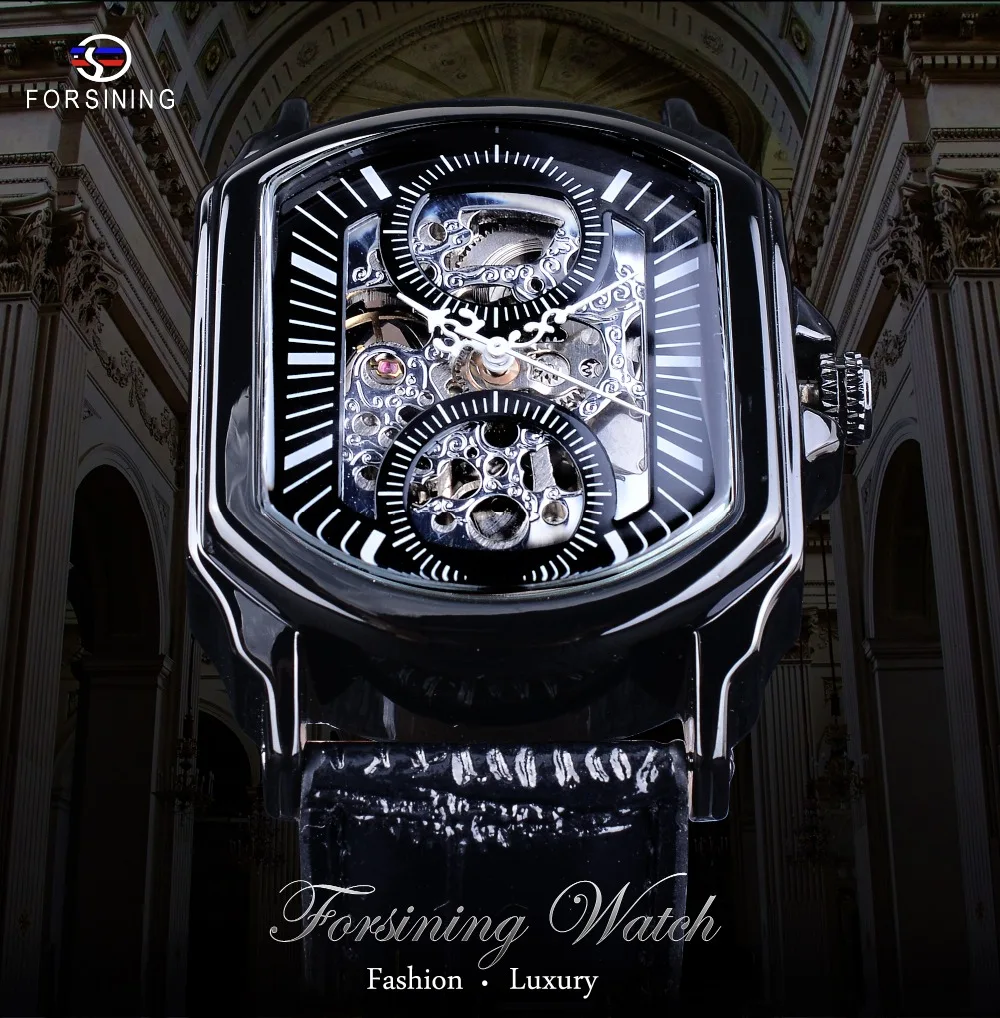 Forsining, черные ажурные часы, белые стрелки, уникальный дизайн, два небольших круга, Мужские автоматические часы, лучший бренд класса люкс