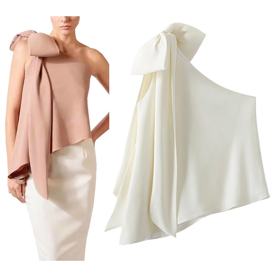 

High Quality Runway Fashion 2018 Summer New Women's Bow Single Shoulder Slant Shoulder Sexy Top Beige Black Red Blouses & Shirts