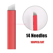100 шт./лот Мода Постоянный бровей Макияж татуировки конические лезвия красный 14 Вышивка Крестом Иглы для ручного татуировка перо