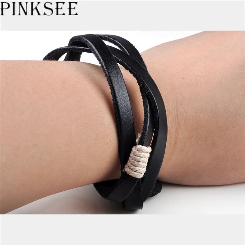 PINKSEE Mens Womens Black Leather Wrap Bracelet Bangle With Snap On Clasp Fashion Unisex Jewelry Accessory | Украшения и