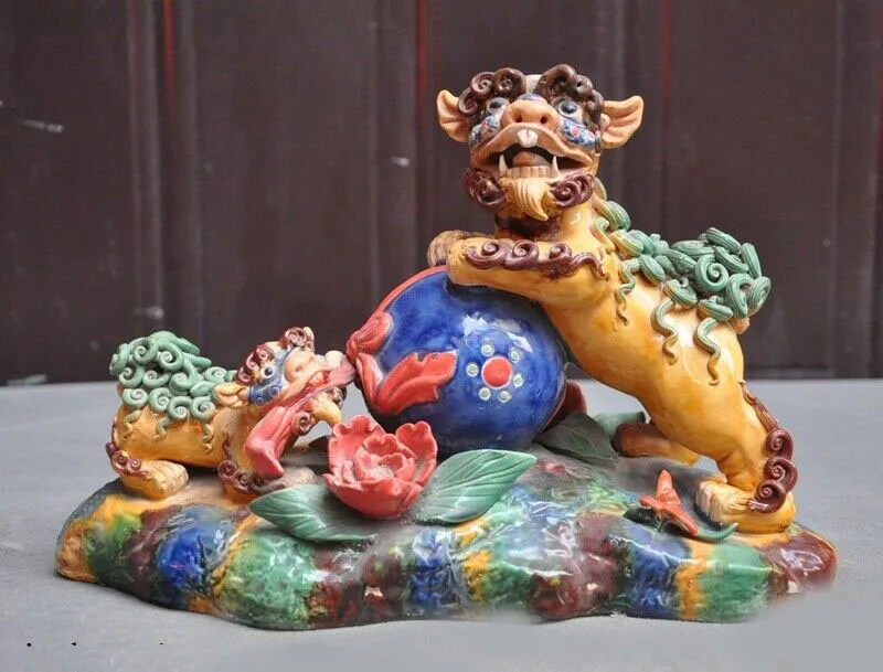 

wedding decoration Chinese Pottery WuCai porcelain Feng Shui flower Evil Door Guard Fu Foo Dog Lion