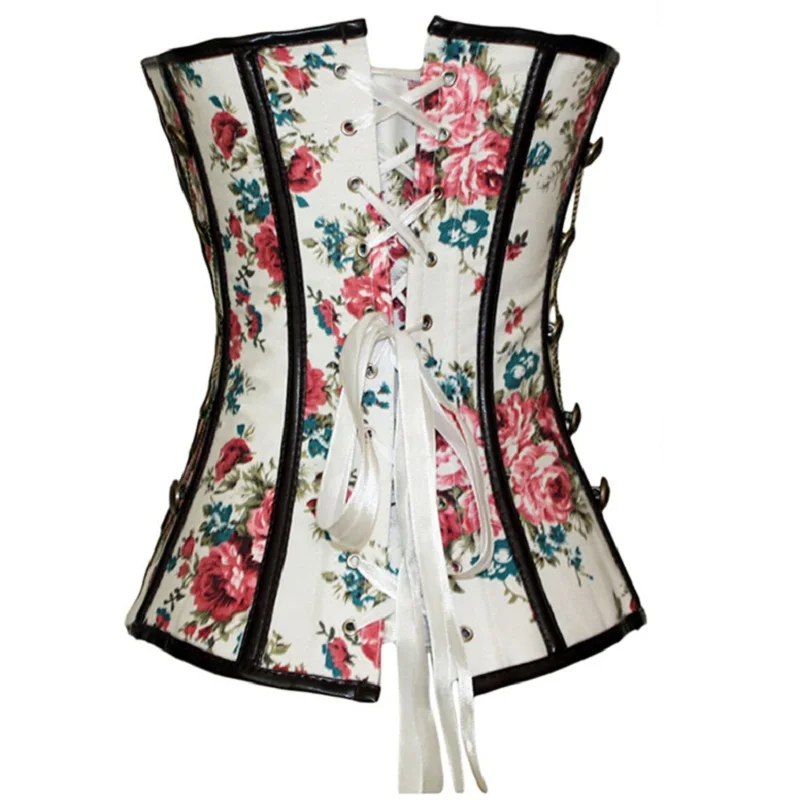 Espartilho Floral Printed Sexy Lingerie Burlesque Corselet with Chain Gothique Bustiers Women Slimming Steampunk Gothic Corset (4)