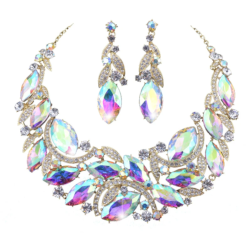 Shining AB crystal Jewelry sets Bridal wedding Dress necklace earrings set Women party marquise