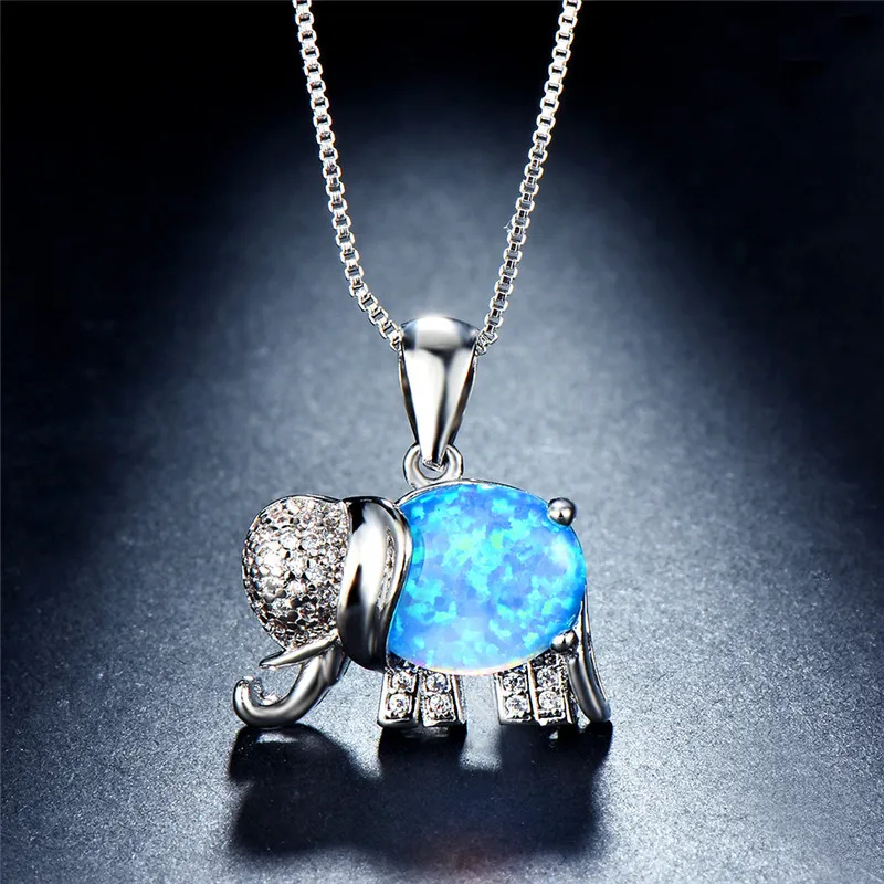 

JUNXIN Rainbow Fire Opal Elephant Pendants 925 Sterling Silver White/Blue Opals Necklaces For Women CZ Crystal Wedding Choker