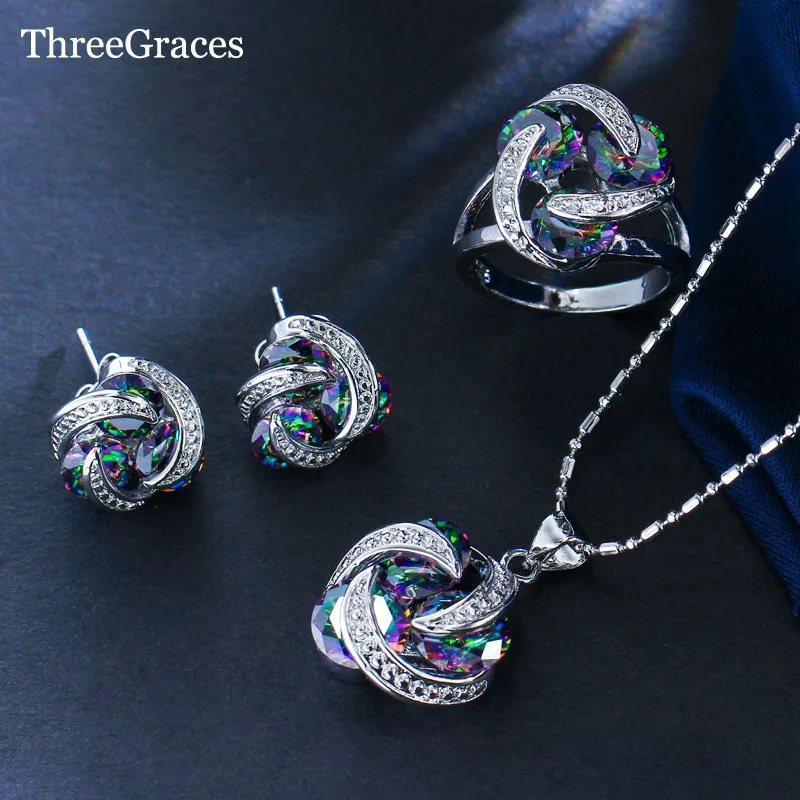 ThreeGraces Trendy Cubic Zirconia Mystic Rainbow Created Ring Necklace Pendant and Earrings Fashion Jewelry Set For Women JS177 | Украшения