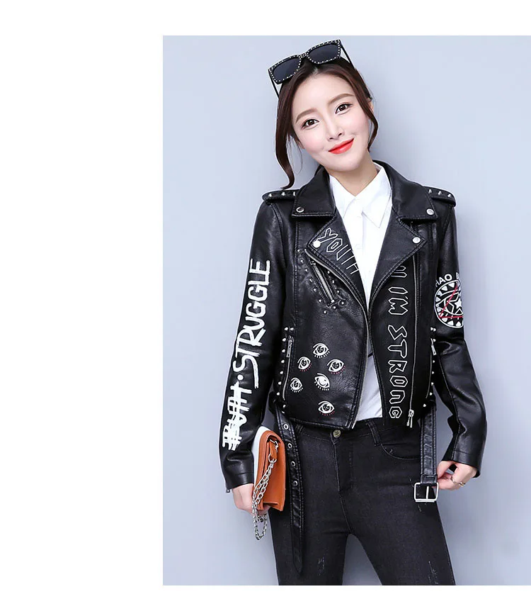 Высокая уличная Модная брендовая Женская куртка из искусственной кожи с заклепками, пальто в стиле панк-рок с граффити, Байкерская верхняя одежда