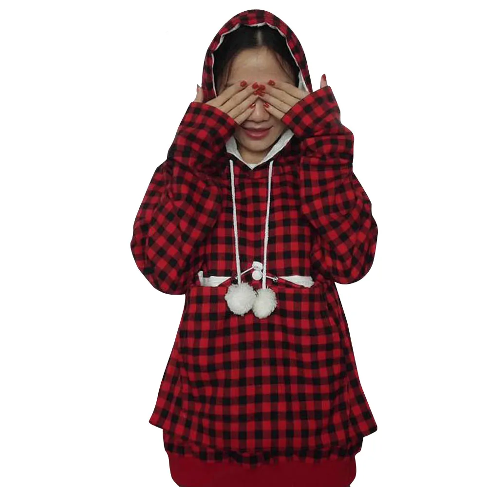 Корейская одежда Для женщин плед собака Cat держатель Чехол флис теплый большой карман Топ с капюшоном модное платье для Для женщин одежда 2018