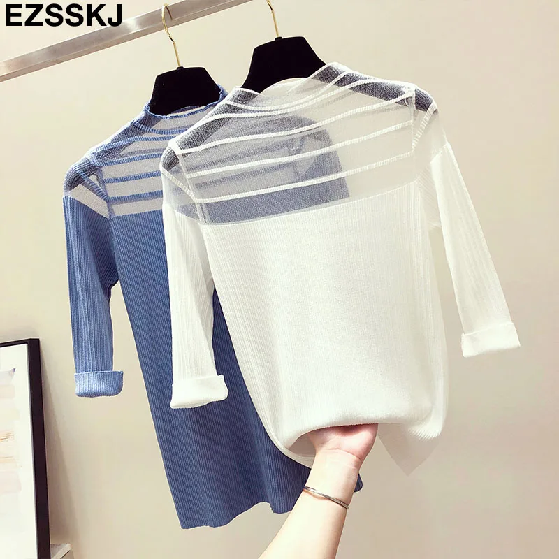 

NEW summer lace knit T Shirt Women slim high-neck t-shirt elegant lady Tee Shirt Female top Short Sleeve hollow out sexy t-shirt