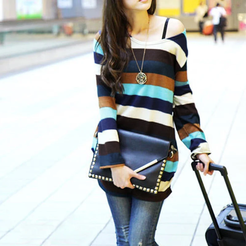 

Women Korean Fashion Casual T-shirt Colorful Stripes Knitted Long Shirt Pullover Tops Plus Size 5XL Female Loose Tee Shirts
