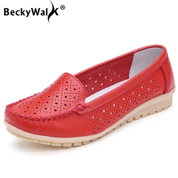 

BeckyWalk Spring Women Flats Shoes Summer Women Genuine Leather Shoes Woman Cut-Out Loafers Slip On Female Ballet Flats WSH2851