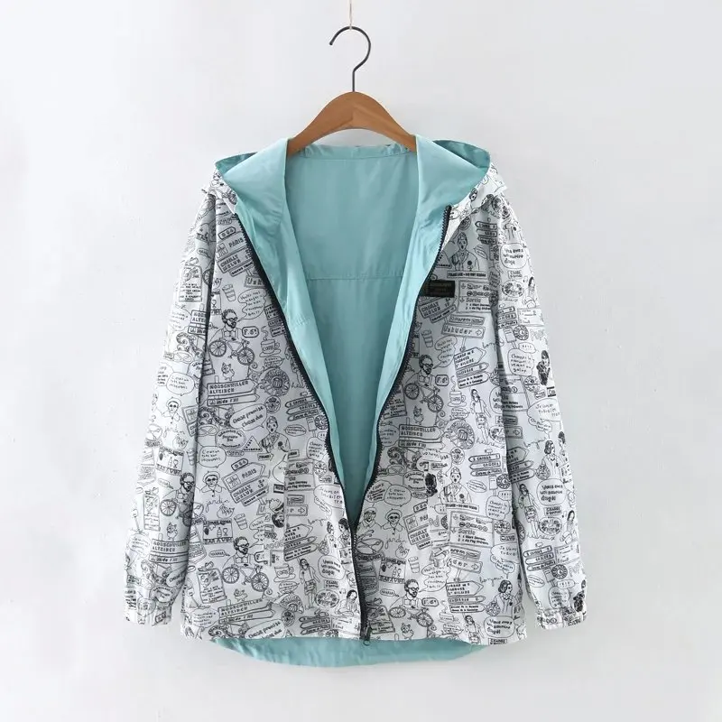 Best  2020 Spring Autumn Women Basic Jacket Coat Two Side Wear Cartoon Print Pocket Zipper Hooded Jackert