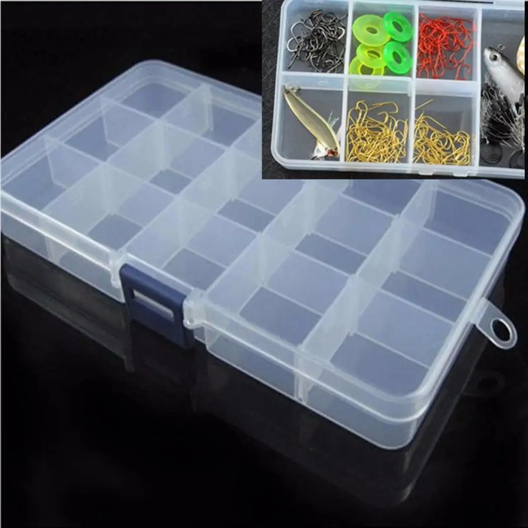 

Hook Fishing Plastic Lure Storage Box Case Tackle New Box Organizer 15 Adjustable Transparent Slots