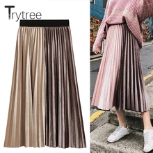 Trytree летняя Осенняя плиссированная юбка женская Вельветовая юбка с высокой талией блестящая Вельветовая длинная юбка Новая модная женская юбка