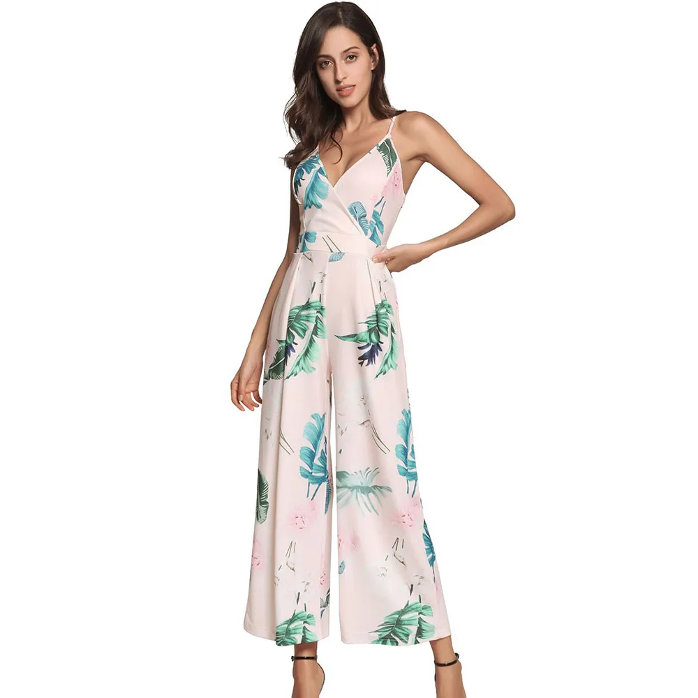 Plus Size Pink Floral Print Jumpsuit Spaghetti Strap Triangulo V Neck