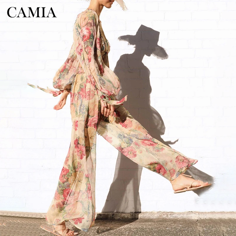 

CAMIA summer casual print two-piece women's lantern sleeves V-neck lace short shirt high waist wide leg lace pants