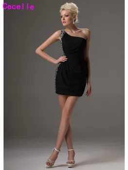 

One Shoulder Little Black Cocktail Dresses One Shoulder Beaded Chiffon Mini Short Prom Dresses For Juniors Party Dresses Real
