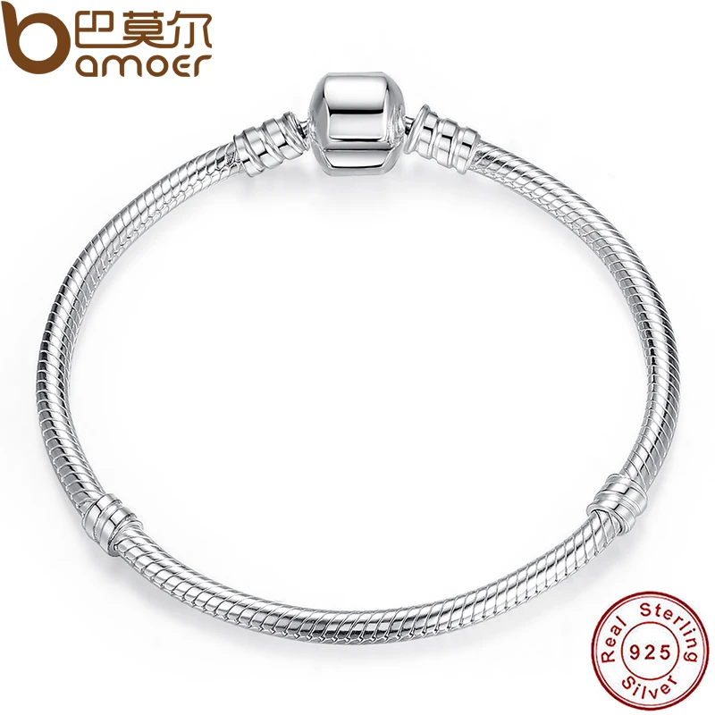 BAMOER Authentic 925 Sterling Silver Snake Chain Bangle& Bracelet Pave Star Cubic Zirconia CZ Jewelry PAB001