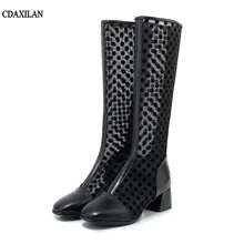 CDAXILAN/Новое поступление; женские ботинки; дышащие сетчатые замшевые сапоги до колена из искусственной кожи; Летняя женская обувь на среднем каблуке с круглым носком