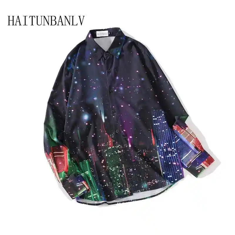 

New Hip Hop Men Shirt Long Sleeve Fashion Star City Patterns Male Shirts Top Clothing Casual Harajuku shirt