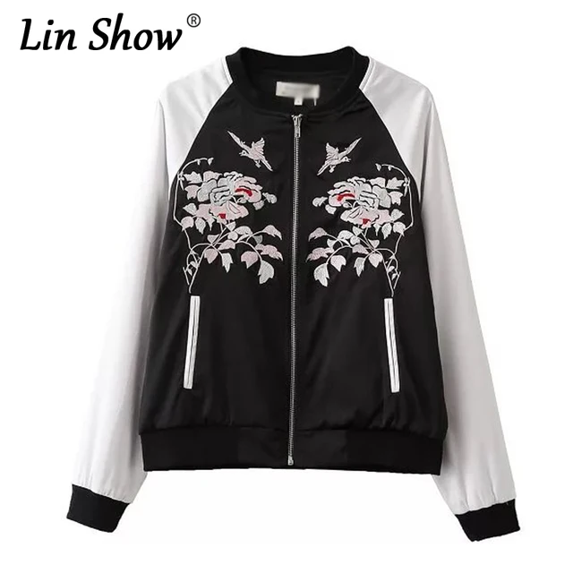 Floral Bomber Jacket Black Bombers jackets College Embroidery Women