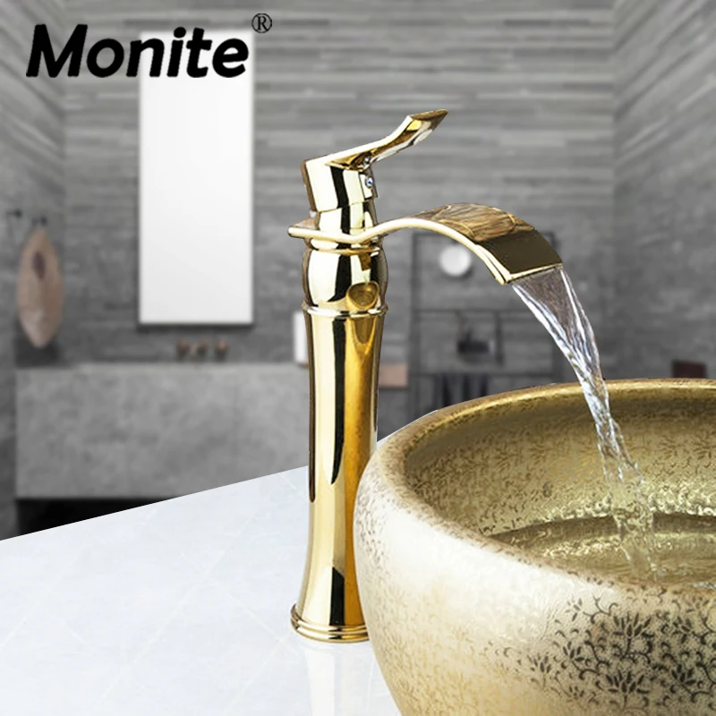 Monite Tall Luxury Gold Plated Tap Waterafall Bathroom Brass Deck Mount