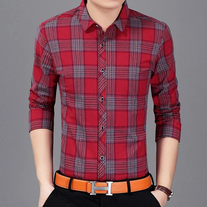 Plaid Men Shirts Tailoring Slim Fit M 3XL Cotton Mens Dress Shirts Male