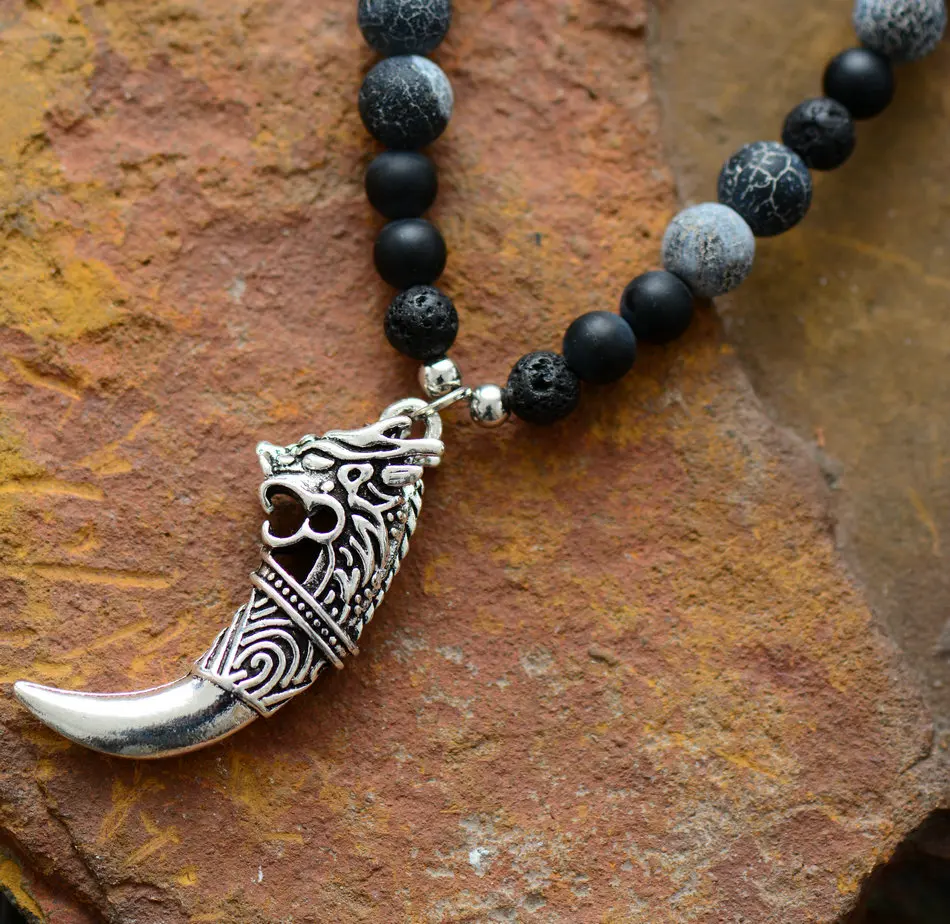 Мужское ожерелье матовый оникс вулканические камни с античный Дракон Туск ожерелье с подвеской в стиле стимпанк натуральный камень любовник ожерелье