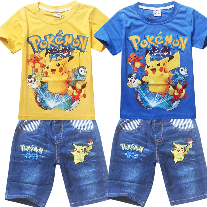 

Children's Summer Short Sleeve Set Cartoon Pokemon Print T-Shirt + Jeans 2 Piece Set Casual Sports Wear Boys and Girls' Clothes