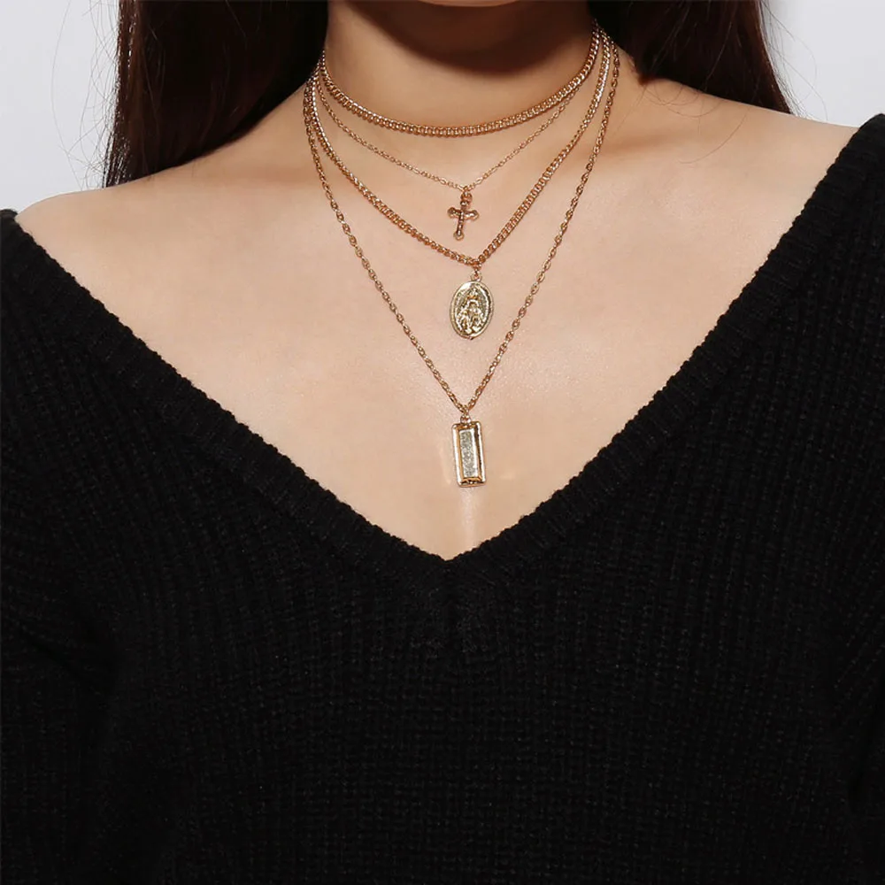 

Women's New Gold Silver Plated Small Cross Necklaces Multi Layer Necklace Heart Pendant Choker Clavicle Chain Jewelry