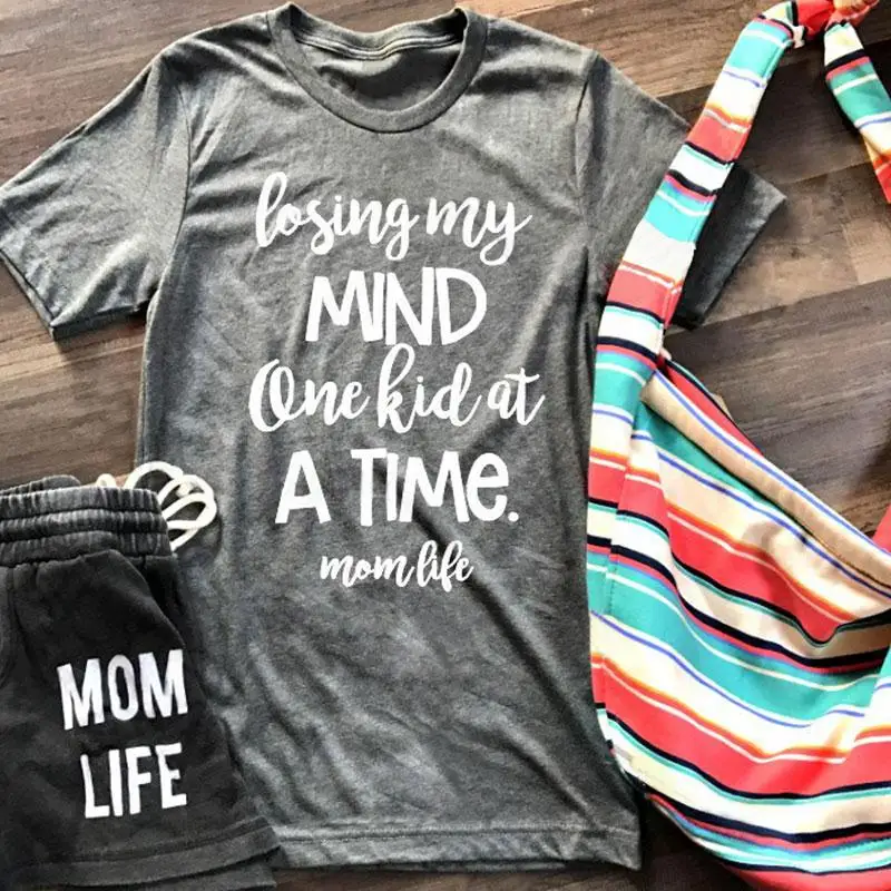 

Losing My Mind One kid at a Time Mom Life Tumblr T-Shirt Fashion Popular Tee Style Ladies Gray Mom Tops Clothing t shirt