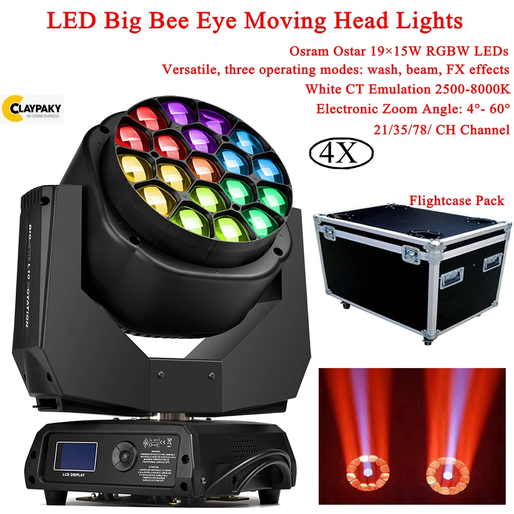

4Pcs/Lot LED RGBW 4IN1 Moving Head Disco Light High Brightness 19X15W LED Beam Wash Moving Head Light DJ Bar Party Stage Effect