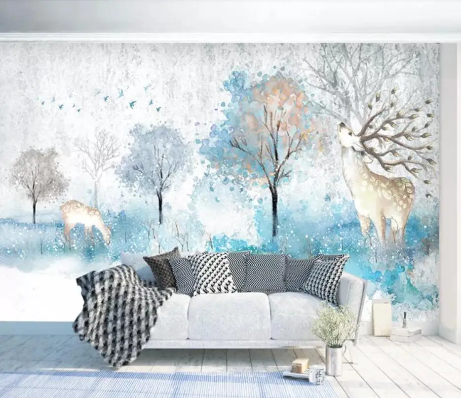 Modern simple hand-painted watercolor elk fortune tree landscape background wall decoration wallpaper murals | Обустройство дома