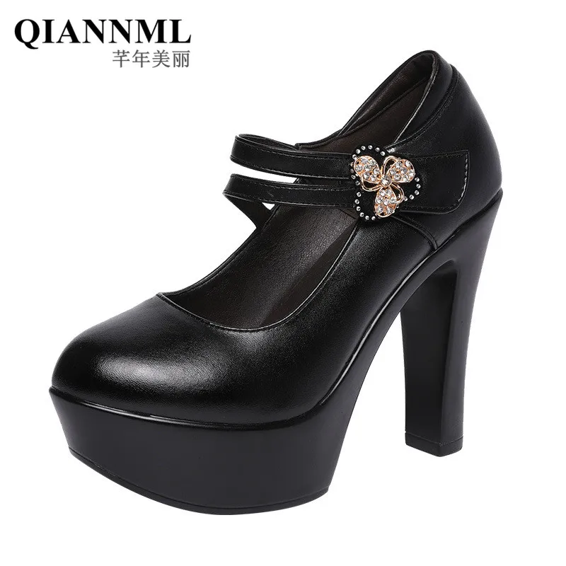 13cm Buckle Block Heels Leather Pumps Women Platform Shoes 2019 High Heels Shoes Elegant Wedding Shoes White Office Shoe 42 43