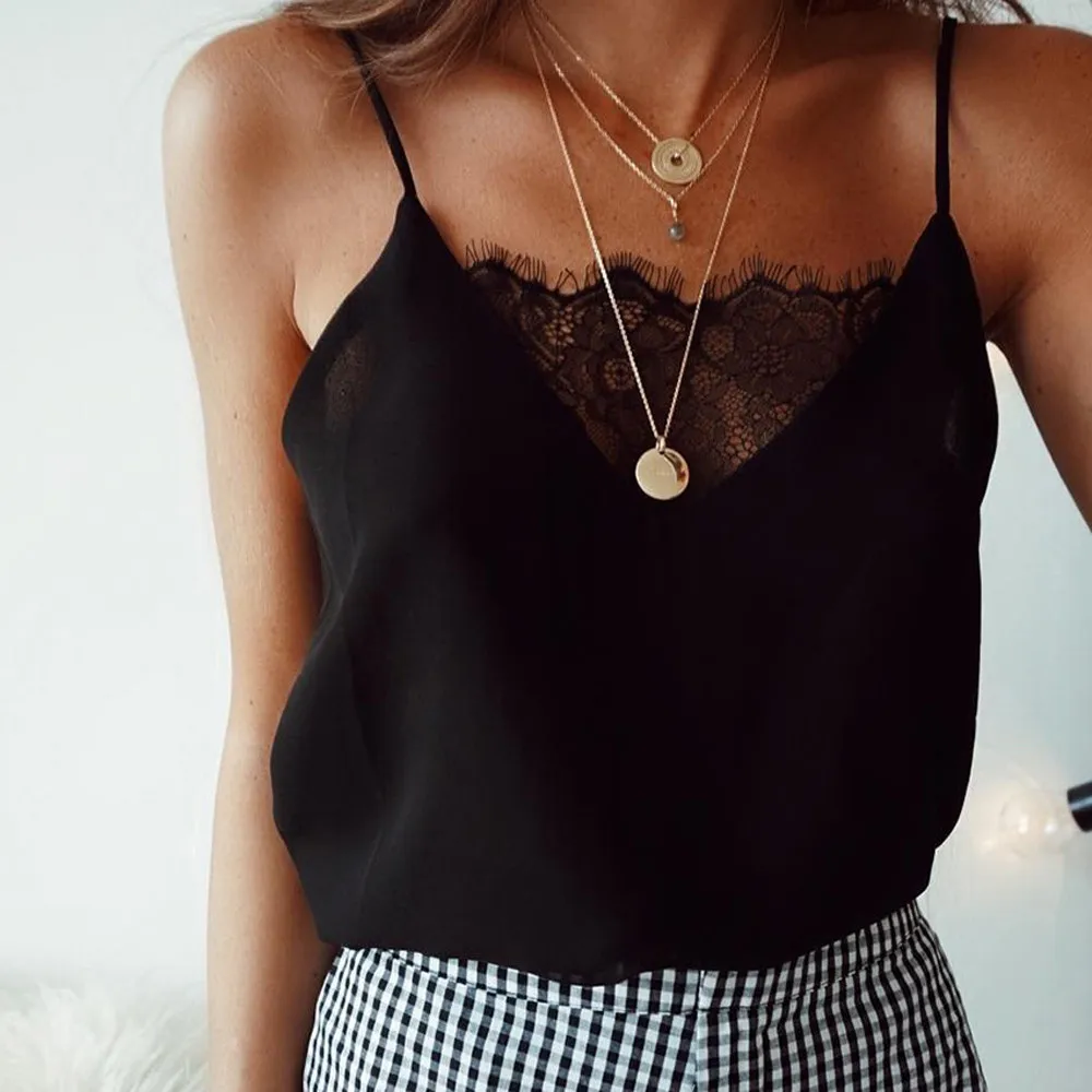 

2019 New Lace Women Slip Tank Tops Female Sexy Strap Tops Summer Ladies Chiffon Sleeveless See Black White Honda
