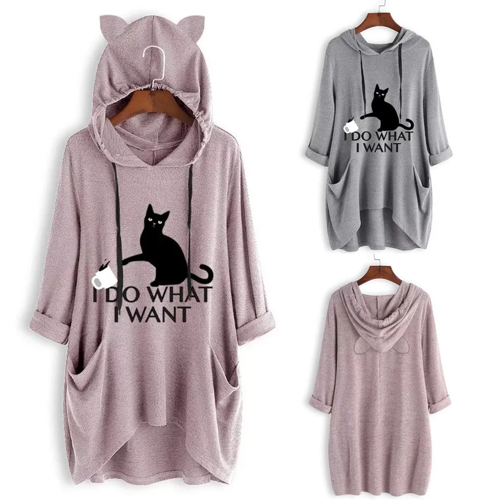 

Women Tops Blouses Casual Print Cat Ear Hooded Long Sleeves Pocket Irregular Top Blouse Shirt Ladies' Top Plus Size S-3XL