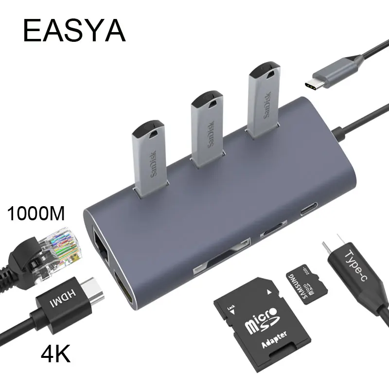 

EASYA 8-in-1 USB C Hub to HDMI Rj45 1000Mbps Adapter USB 3.0 Hub with PD SD/TF Reader Slot for Macbook Pro Thunderbolt 3 Type-C