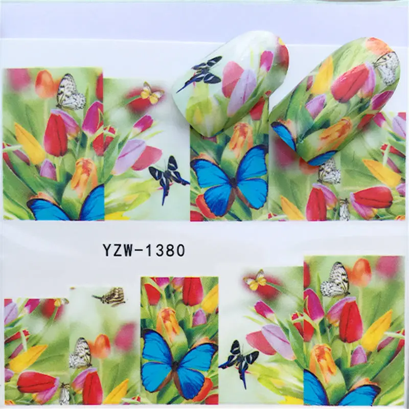 YWK 1 лист градиентный цветок серии наклейки для ногтей наклейки Цветочные/единорог клей Маникюр наклейки Шарм Дизайн ногтей украшения - Цвет: YZW-1380