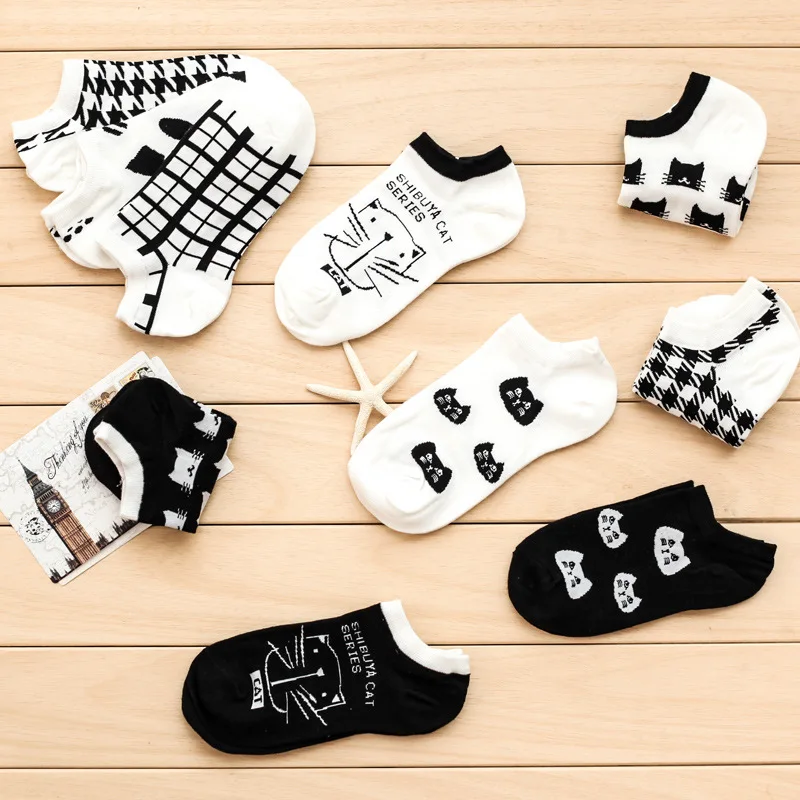 2 пары/партия, женские носки с героями мультфильмов, осенние черные, белые, Хлопковые женские носки с изображением кота, японские носки-лодочки, 5 цветов