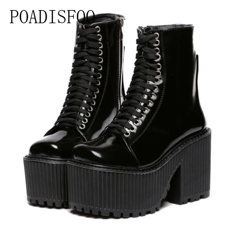 

POADISFOO Women's Sexy Platform Square Heels Boots 10cm heel 5.5cm platform Punk Lace up Black White Thick boots .JXQ-4369